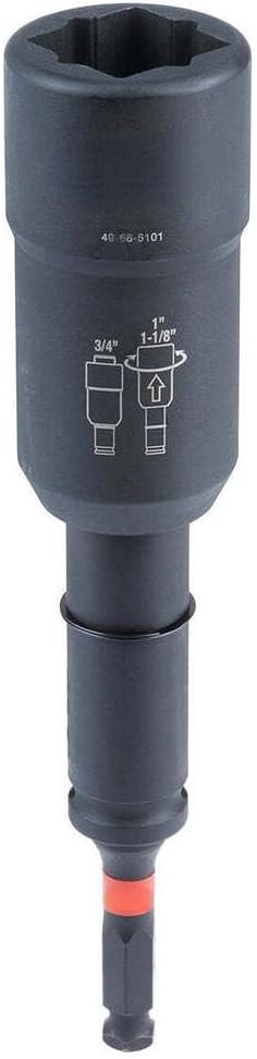 Black impact socket attachment with a hex shank drive and deep socket body, shown vertically against a white background. White markings on the socket indicate compatible sizes and usage instructions, and an orange retaining ring is visible near the shank.