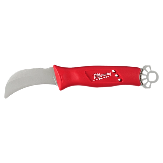 Red Milwaukee knife with a white blade on a white background