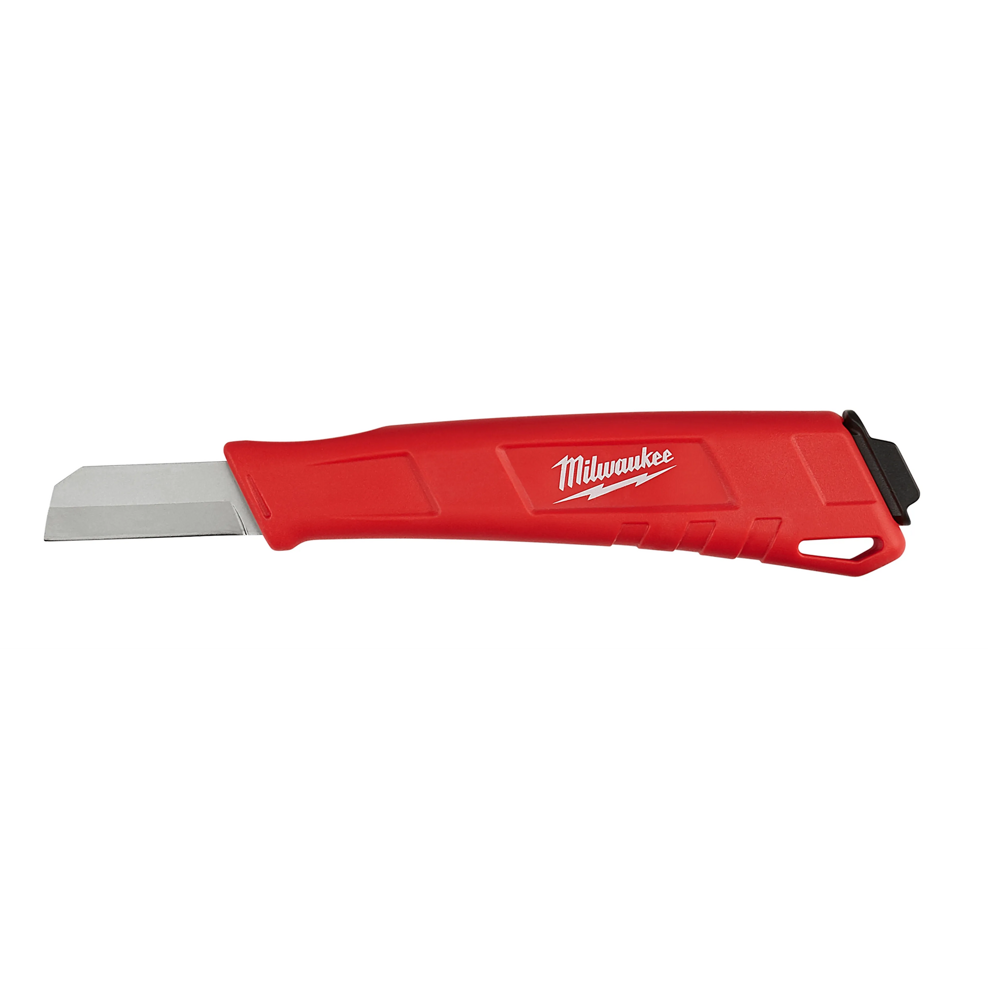 Milwaukee utility knife with a red ergonomic handle and a partially extended silver trapezoid blade. The handle features the Milwaukee logo in white, molded grip contours, a blade-release mechanism at the rear, and a lanyard hole near the end. The knife is shown in profile against a light gray background.