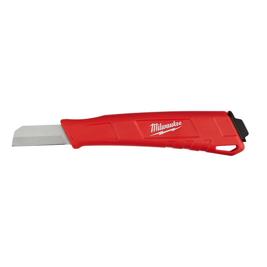Milwaukee utility knife with a red ergonomic handle and a partially extended silver trapezoid blade. The handle features the Milwaukee logo in white, molded grip contours, a blade-release mechanism at the rear, and a lanyard hole near the end. The knife is shown in profile against a light gray background.