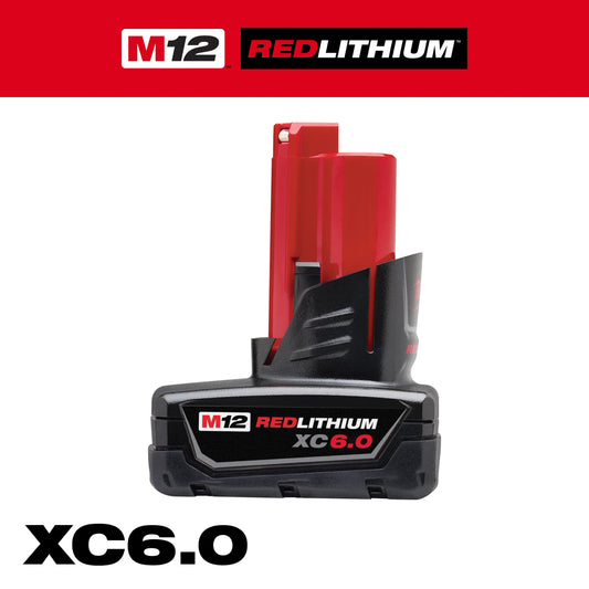 Milwaukee M12 REDLITHIUM XC6.0 rechargeable battery pack shown against a light gray background. The battery features a red upper housing and black base with prominent branding, including “M12 REDLITHIUM XC6.0.” Additional product graphics at the top display the “M12” and “REDLITHIUM” logos, with “XC6.0” shown in large text at the bottom.