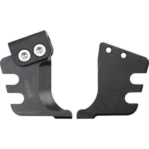 Black metal cutting jaw or replacement blade component with a curved center opening, mounting holes, and two visible screws. The part features forked notches on both sides and Milwaukee branding with model number markings, shown against a light gray background.