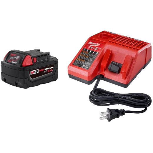 Red Milwaukee battery charger and battery pack on a white background