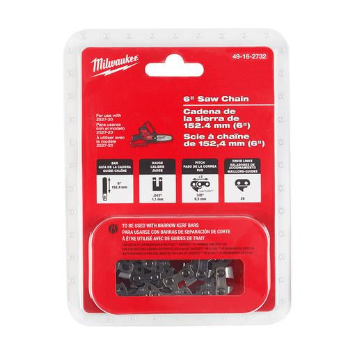 Packaged Milwaukee 6-inch replacement saw chain in red retail packaging with a clear viewing window showing the chain inside. The package displays product specifications, compatibility information, and the Milwaukee logo against a light gray background.