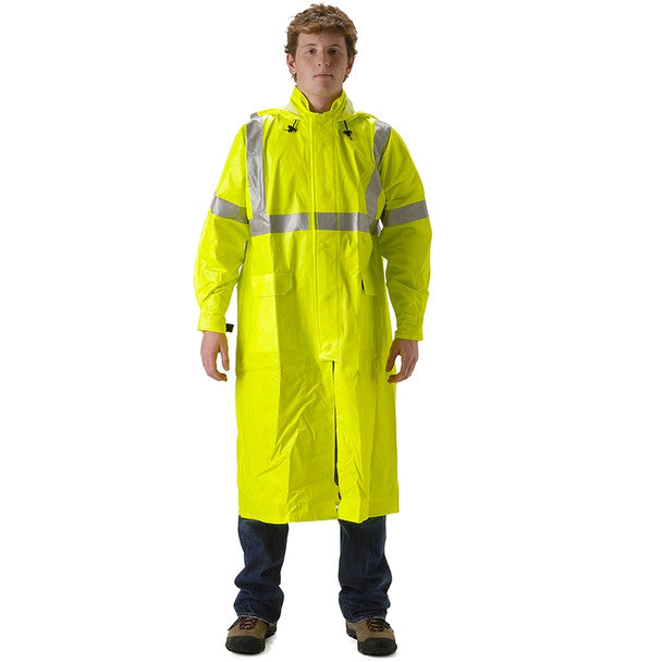 Person wearing a fluorescent yellow high-visibility raincoat with reflective silver striping across the chest, shoulders, and sleeves. The long waterproof coat features a full front zipper, high collar, and front pockets, and is shown front-facing against a light gray background.