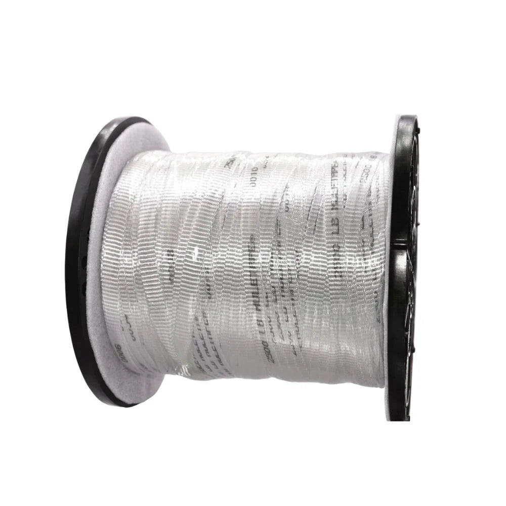 Large spool of white braided synthetic rope or cord wound around a black plastic reel. The rope has a woven texture with repeating printed markings visible along its length. The spool is shown against a light gray background and is designed for storage, dispensing, or pulling line applications.