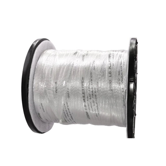 Large spool of white braided synthetic rope or cord wound around a black plastic reel. The rope has a woven texture with repeating printed markings visible along its length. The spool is shown against a light gray background and is designed for storage, dispensing, or pulling line applications.
