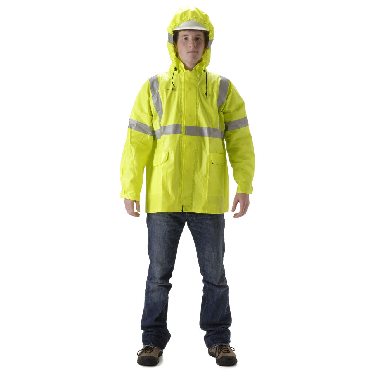 Person modeling a high-visibility yellow rain jacket with a hood and reflective silver striping across the chest, shoulders, and sleeves, displayed against a light gray background. The jacket is worn over blue jeans and work boots, and the wearer also has on a white hard hat beneath the hood. The jacket features a full front zipper, adjustable hood drawstrings, and front patch pockets designed for outdoor or jobsite visibility and weather protection.