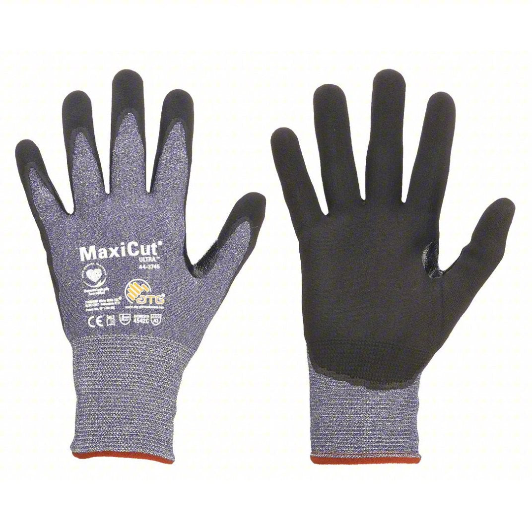 A pair of MaxiCut work gloves shown against a plain white background, displaying both the textured gray and black coated sides and the printed brand logo.