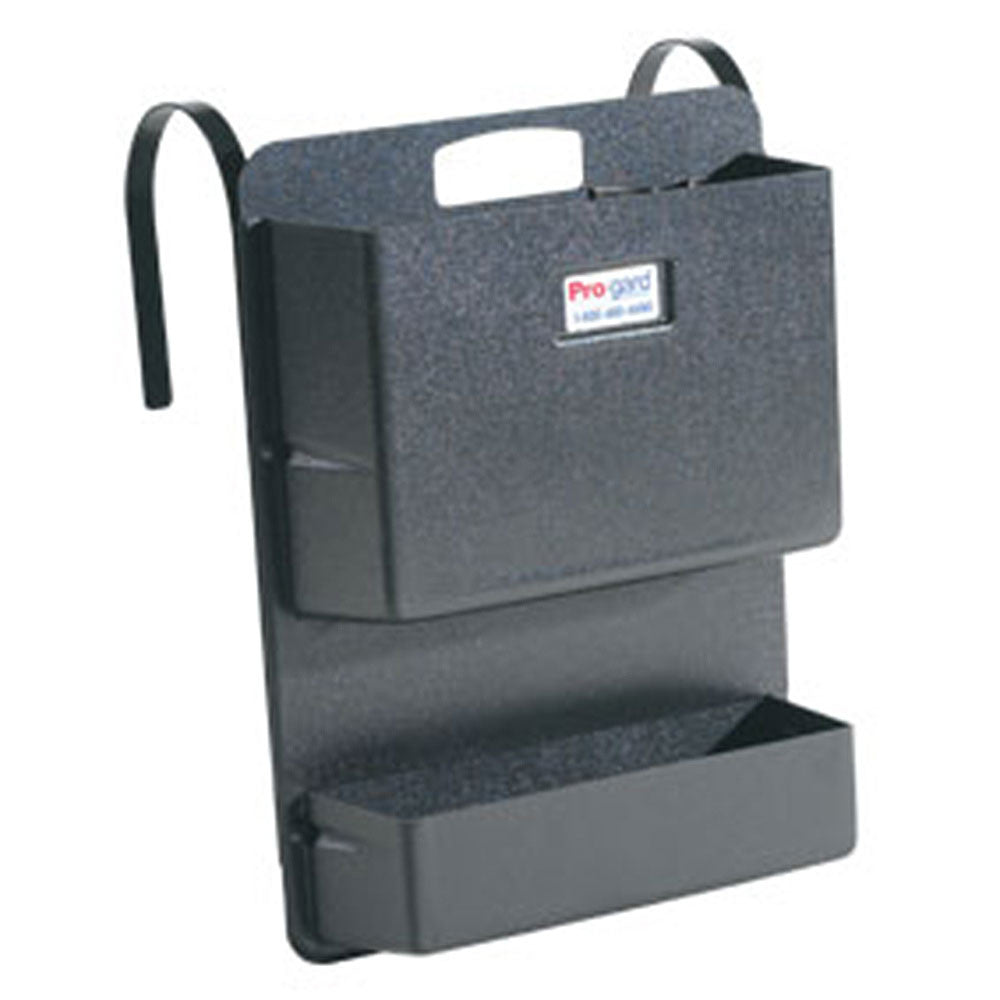 Black metal utility organizer with two open storage compartments, designed to hang from a ladder or workstation. The organizer features two curved metal hooks at the top for mounting and a textured finish. A small label on the front reads “ProGard.” The upper compartment is larger, while the lower compartment is a shallow tray for holding tools, hardware, or supplies. The organizer is shown against a light gray background.