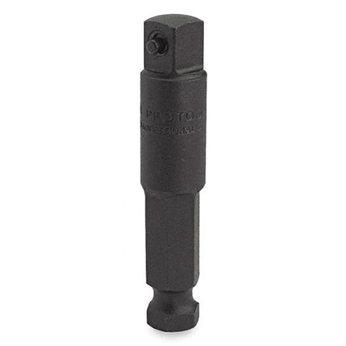 Black impact socket adapter with a hex shank base and square drive end, displayed vertically against a light gray background. The hardened steel accessory features a retaining ball on the square drive for secure socket attachment and is designed to convert a power drill or impact driver for use with sockets.