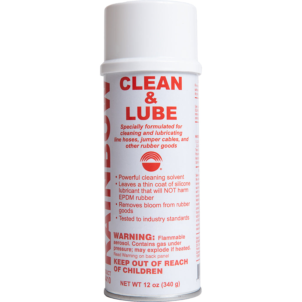 Tall white aerosol can of cleaning and lubricating spray shown against a light gray background. The label features large red text reading “CLEAN & LUBE” and states that the product is specially formulated for cleaning and lubricating line hoses, jumper cables, and other rubber goods. Additional text highlights cleaning and silicone lubrication benefits, along with flammability and safety warnings. The can contains 12 oz (340 g) of product and has a white plastic cap.