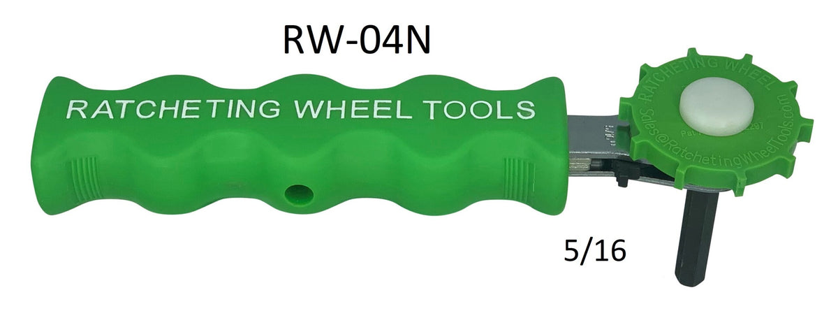 Green ratcheting wheel hand tool with an ergonomic grip handle and rotating adjustment wheel, displayed against a light gray background. Visible text includes “RATCHETING WHEEL TOOLS,” model number “RW-04N,” and “5/16.” The tool features a black hex driver bit extending from the ratcheting wheel assembly.