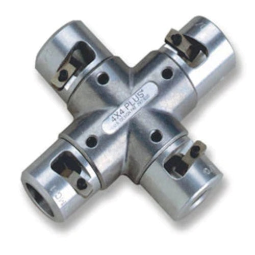 Cross-shaped machined metal adapter labeled “4x4 PLUS,” featuring four cylindrical connection ports arranged in an X configuration. Each port includes a precision-cut opening with a retaining insert and set screw. The silver metal component is shown against a light gray background and is designed for connecting or distributing multiple mechanical or utility line attachments.