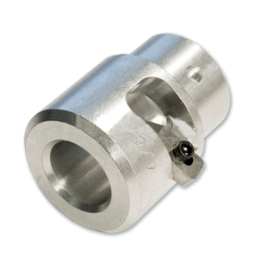 Machined silver metal cylindrical coupling or adapter with a large central bore and a precision-cut side opening. The component features a small black retaining screw and a smooth, polished finish. The industrial hardware piece is shown at an angle against a light gray background and appears designed for attachment, alignment, or connection in utility or mechanical equipment.