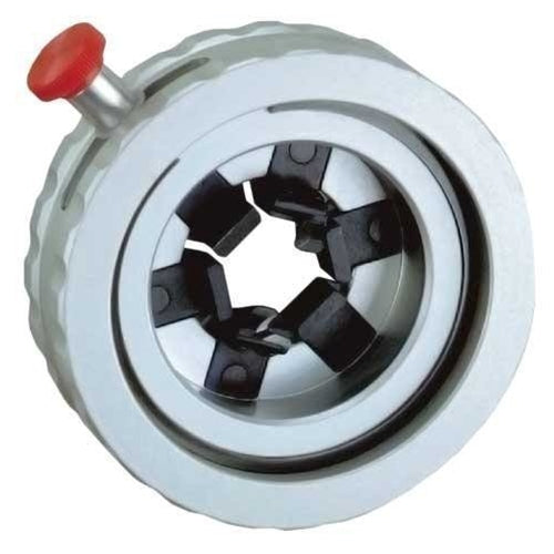 Circular silver metal cable stripping and chamfering tool with a knurled outer ring and internal cutting blades arranged around a central opening. The tool features a red adjustment knob on the side and is displayed against a light gray background.