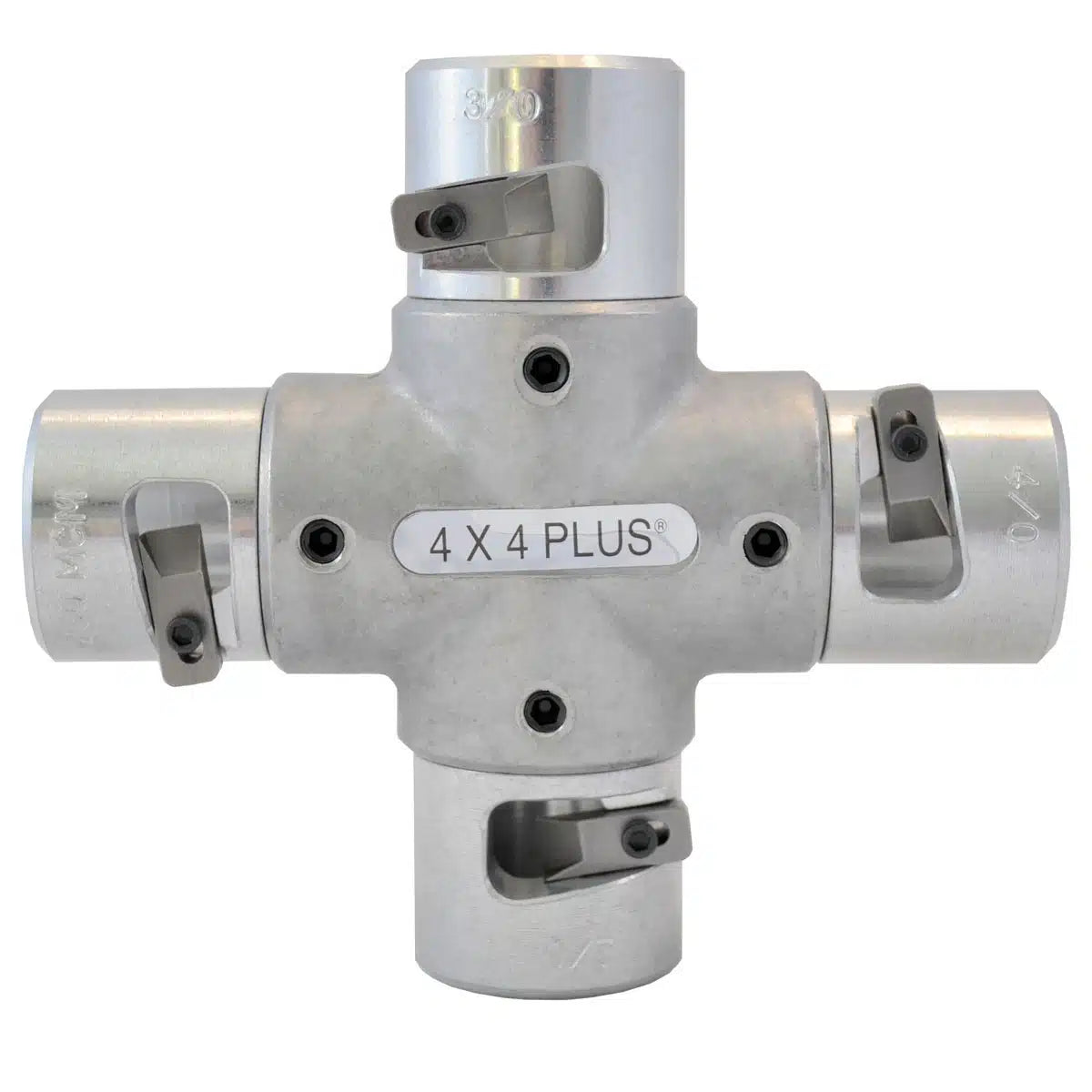 Cross-shaped metal conduit reaming tool with four cutting heads extending from a central body, displayed against a light gray background. The silver tool is labeled “4 X 4 PLUS” in the center and features replaceable cutting inserts secured with black screws. Designed for deburring and reaming multiple conduit sizes after cutting.