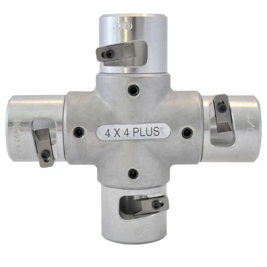Cross-shaped metal conduit reaming tool with four cutting heads extending from a central body, displayed against a light gray background. The silver tool is labeled “4 X 4 PLUS” in the center and features replaceable cutting inserts secured with black screws. Designed for deburring and reaming multiple conduit sizes after cutting.