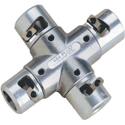 Cross-shaped silver metal cable preparation tool with four cutting heads arranged at right angles around a central body. The tool is engraved with “4x4 PLUS” on the center and features adjustable cutting blades secured by black fasteners within each cylindrical arm, displayed against a light gray background.