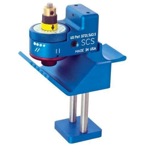 Blue precision cable semicon scoring tool mounted on a two-post support stand, displayed against a light gray background. The tool features an adjustable dial with measurement markings, a yellow adjustment collar, and engraved text reading “SCS,” “Made in USA,” and “US Pat. D721,543 S” on the housing.