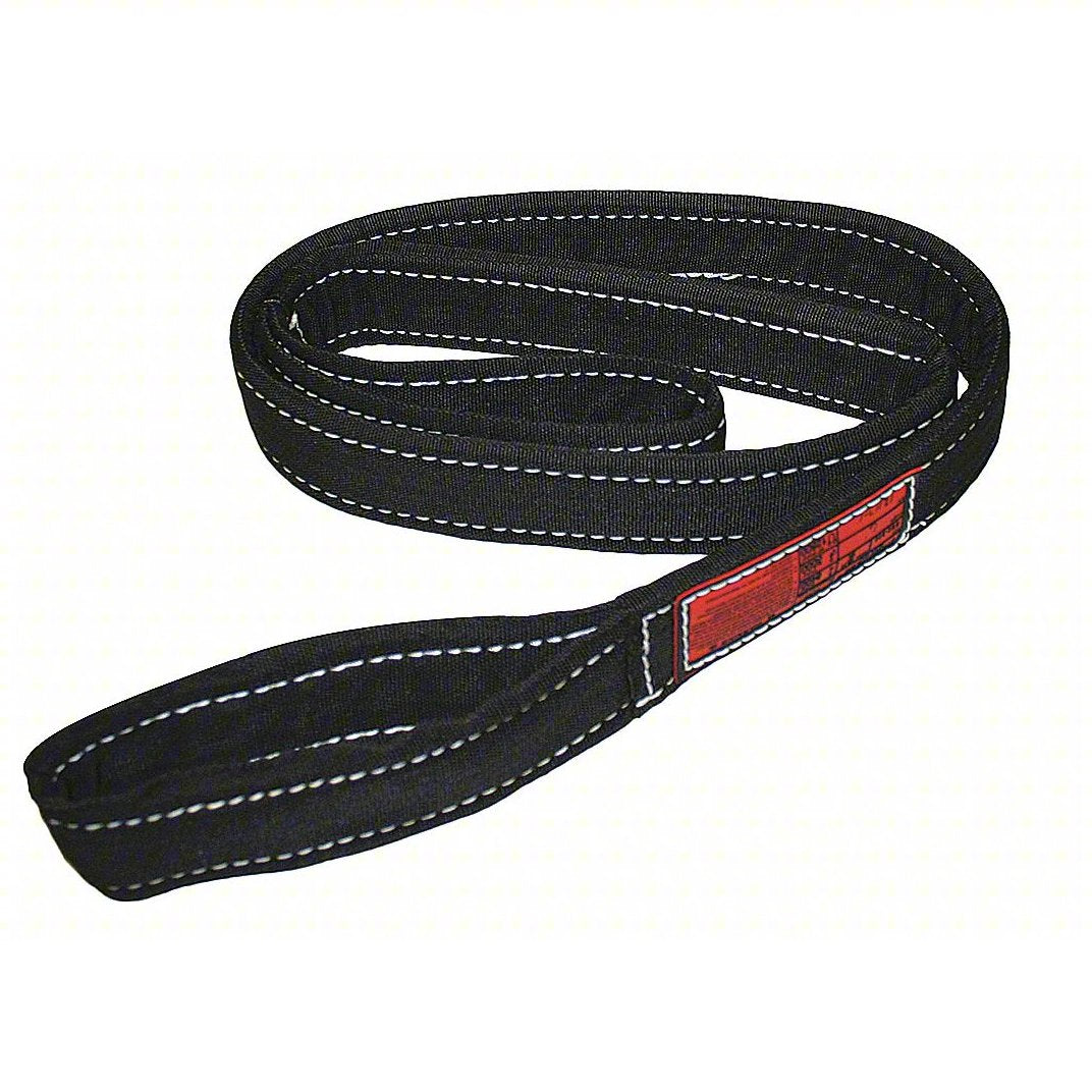 Black synthetic web lifting sling with reinforced stitched edges and a looped eye at one end, coiled for display on a light gray background. The sling features white contrast stitching and a red identification tag attached near one end.