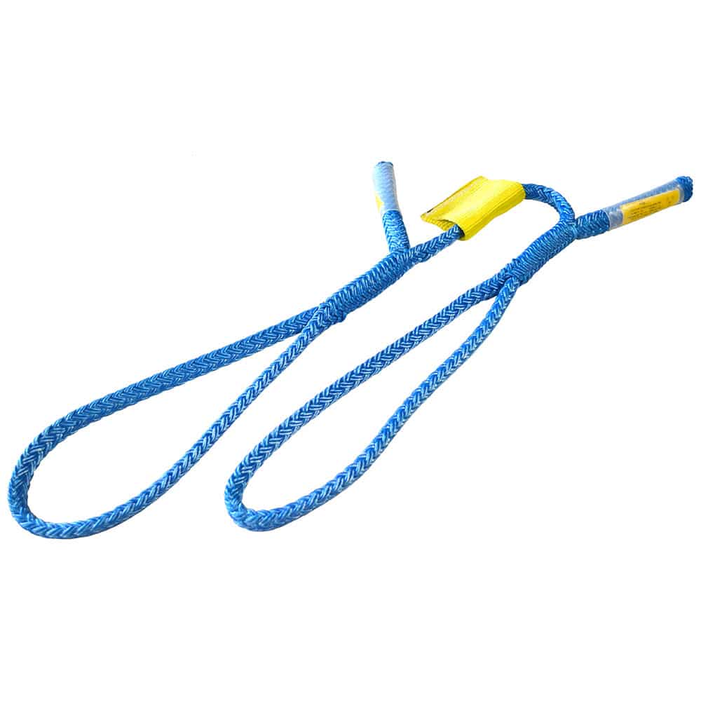 A blue braided climbing rope with a yellow plastic quick-release connector and a light blue end cap, shown on a plain white background.