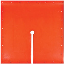 Square orange protective mat or barrier panel with reinforced edges secured by evenly spaced metal rivets around the perimeter. A narrow white vertical slit extends upward from the bottom center, ending in a circular opening. The panel is shown against a white background and appears designed for covering or protecting equipment, openings, or work areas.