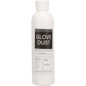 White plastic bottle labeled “GLOVE DUST” with a ribbed white screw-on cap. The front label features large black-and-white text reading “GLOVE DUST,” along with smaller product information below, including usage directions and pricing details. The bottle is shown upright against a light gray background and appears to contain powder used for maintaining or treating protective gloves.
