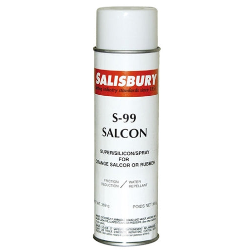Salisbury S-99 SALCON silicone spray lubricant in a white aerosol can with a red Salisbury brand label. The can is labeled “Super Silicone Spray for Orange Salcor or Rubber” and notes friction reduction and water-repellent properties. Shown upright on a light gray background.