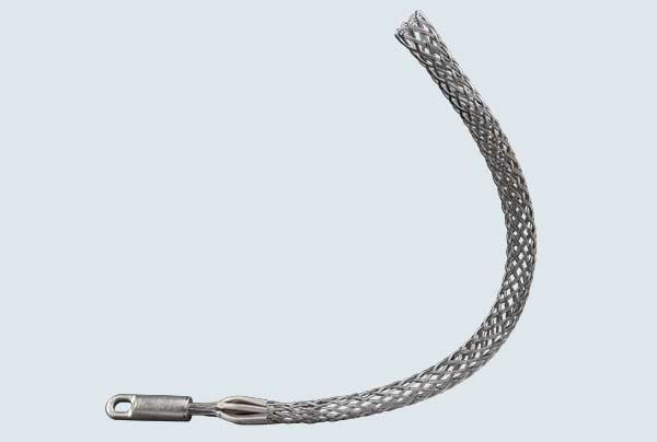 Flexible braided wire pulling grip (cable sock) made of woven steel mesh, featuring a cylindrical pulling eye at one end and an open-ended mesh sleeve designed to secure and pull cable. Shown curved against a light gray background.