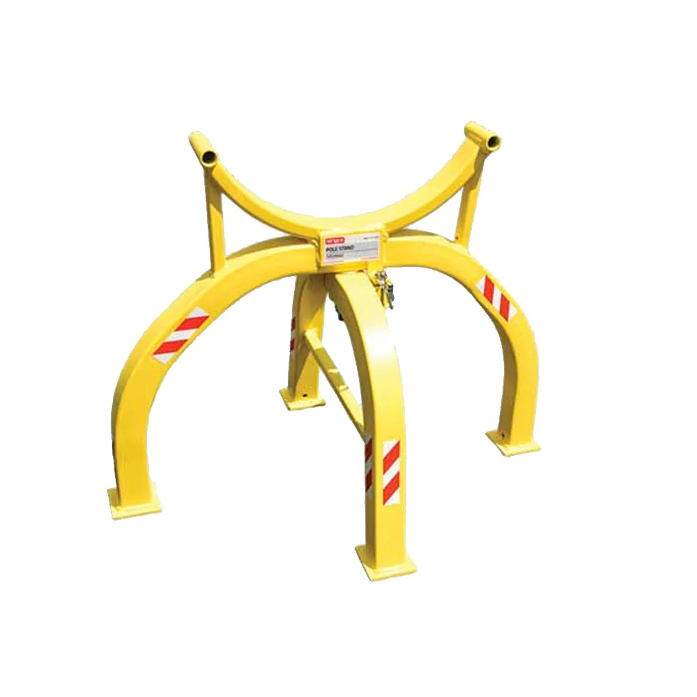 Yellow steel pole storage stand with four curved support legs and an upper cradle designed to hold utility poles or cylindrical materials. The stand features red-and-white reflective safety decals and a central identification label, displayed against a light gray background.