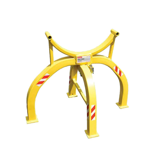 Yellow steel pole storage stand with four curved support legs and an upper cradle designed to hold utility poles or cylindrical materials. The stand features red-and-white reflective safety decals and a central identification label, displayed against a light gray background.