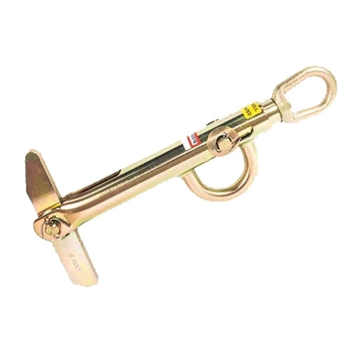 Metal anchor setting tool with a gold-colored finish, featuring a long cylindrical body, hinged expanding arms at one end, and looped pull handles at the other. The tool is shown at an angle against a plain light gray background.