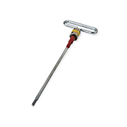 T-handle utility tool with a long metal shaft and a chrome-plated horizontal grip at the top. The handle is connected to a red and yellow collar assembly, and the shaft extends to a dark tip at the lower end. The tool is shown diagonally against a light gray background and appears designed for tightening, adjusting, or operating utility equipment.
