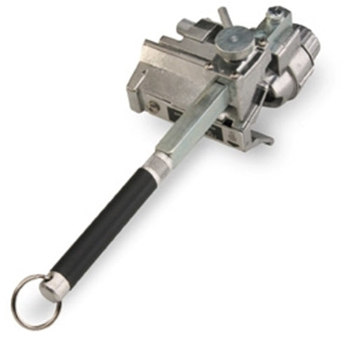 Compact metal cable preparation and stripping tool with an adjustable silver cutting head and a black grip handle, displayed on a light gray background. The tool features multiple adjustment mechanisms, a cylindrical cutting assembly, and a metal lanyard ring attached to the end of the handle.