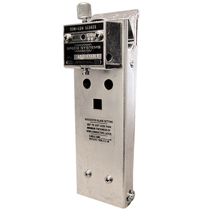 Rectangular metal cable semicon scoring tool with an adjustable cutting head and knurled adjustment knob mounted at the top, displayed against a light gray background. The silver tool features a black label reading “SEMI-CON SCORER,” “SPEED SYSTEMS,” and “ADJUSTABLE,” along with engraved setup instructions on the front housing.