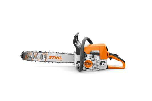 Orange-and-white STIHL MS 250 gasoline-powered chainsaw displayed in profile against a light gray background. The chainsaw features black front and rear handles, a white engine housing, and a silver guide bar with an attached cutting chain. Orange STIHL branding is visible on both the guide bar and engine cover.