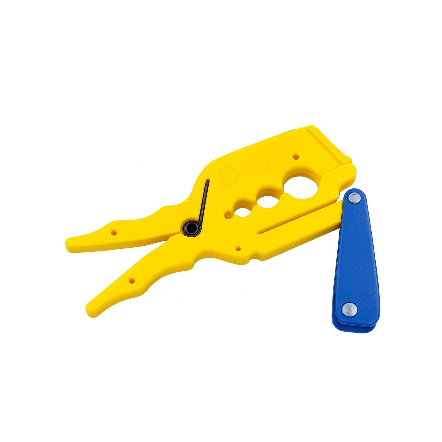 Yellow plastic clamp tool with a blue handle on a white background
