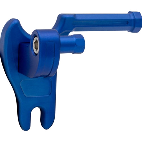 Blue metal hand tool with a pivoting lever and forked base, featuring a cylindrical hinge and hexagonal shaft, shown against a light gray background. The tool appears designed for mechanical adjustment, clamping, or installation applications.