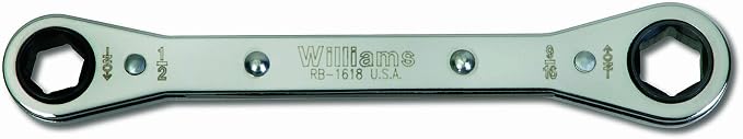 Williams reversible ratcheting box wrench with a chrome-plated steel body and hexagonal box ends on both sides. The double-ended wrench features directional arrows near each ratcheting head and is engraved with “Williams RB-1618 U.S.A.” along the handle. Shown horizontally on a white background.