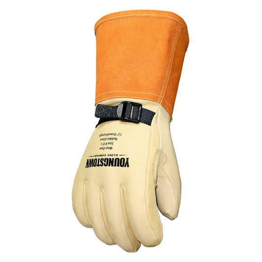 Welding glove with orange leather cuff and beige palm on a white background