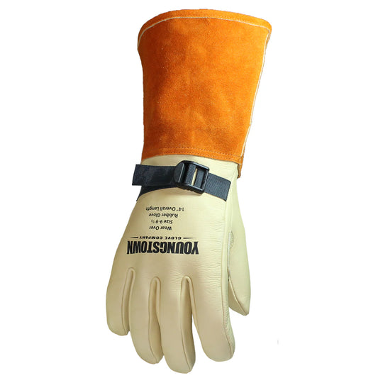 Tan leather work glove with a long brown suede gauntlet cuff and an adjustable black wrist strap, displayed against a light gray background. The glove features reinforced stitching and printed branding text on the back of the hand