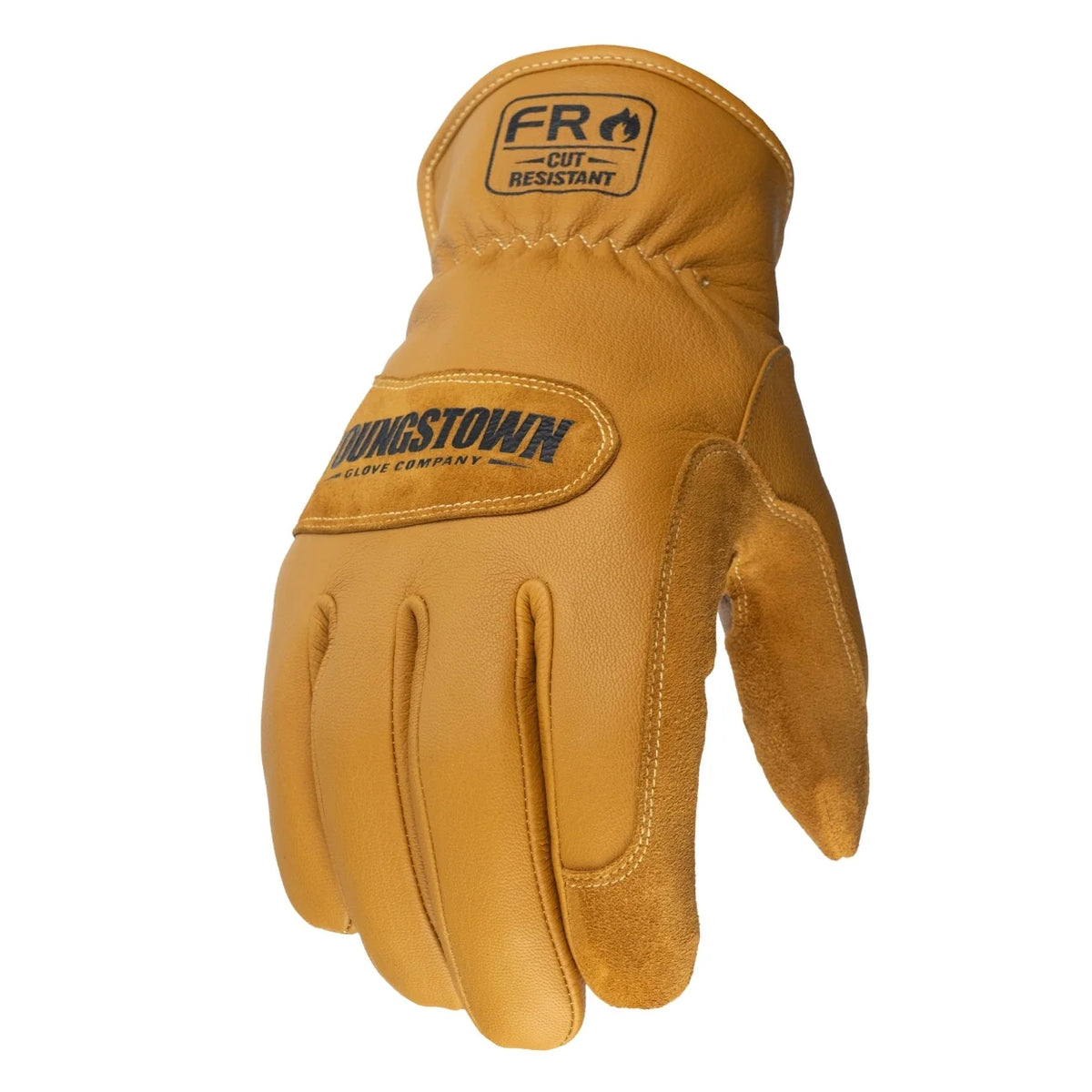 Tan leather work glove displayed on a light gray background. The glove features a full-finger design with reinforced leather panels and visible stitching along the fingers and thumb. Black printed text on the cuff reads “FR Cut Resistant” with a flame icon, while a branded patch across the back of the hand reads “Youngstown Glove Company.” The glove has an extended safety cuff and durable construction designed for cut resistance and heavy-duty industrial work.