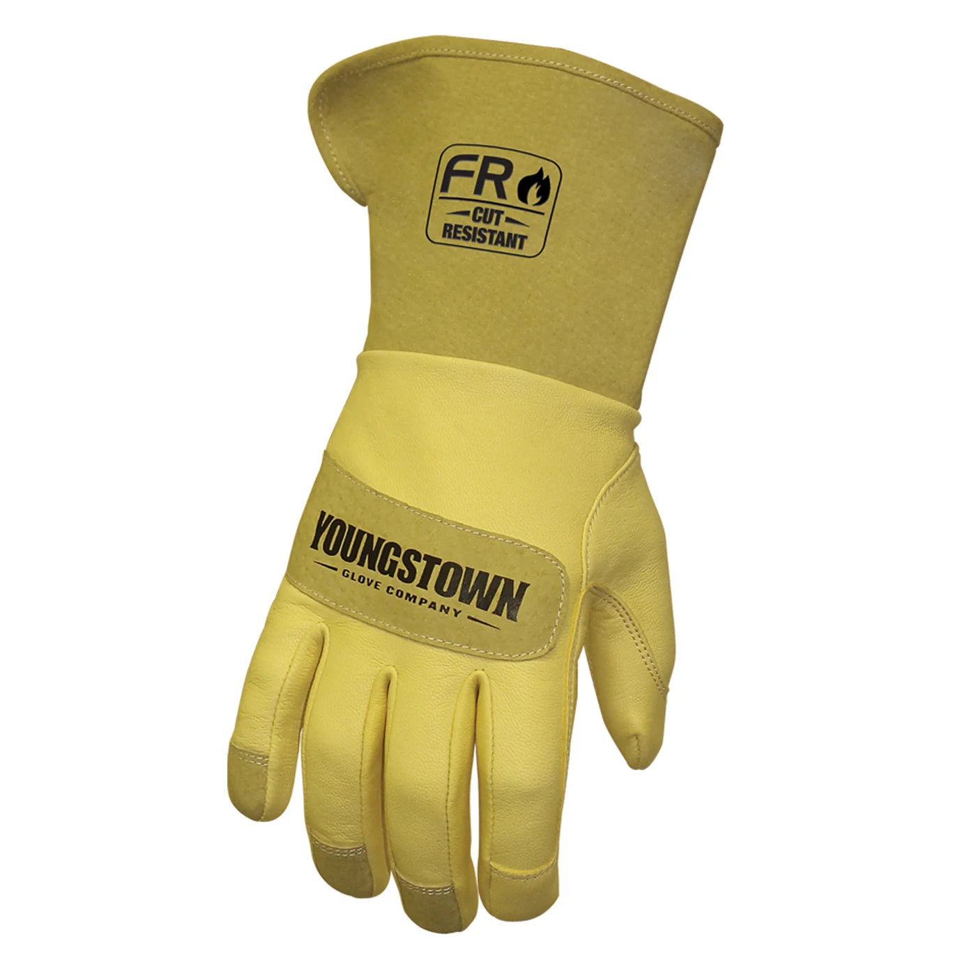 A single yellow leather work glove from Youngstown Glove Company, featuring a 'FR Cut Resistant' patch on the cuff and 'YOUNGSTOWN GLOVE COMPANY' printed on the back of the hand, shown against a plain white background.