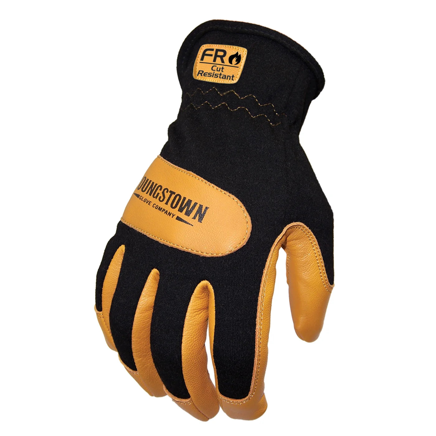 Black and tan work glove with flame-resistant and cut-resistant construction, featuring a black fabric back, tan leather palm and finger reinforcements, and visible Youngstown branding on the back of the hand. The glove is shown against a light gray background with an “FR Cut Resistant” label near the cuff.